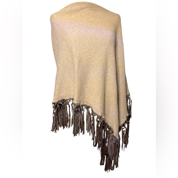 TESMA CASHMERE NWT Tan 100% Cashmere with Leather Fringe Poncho/Wrap - Picture 11 of 12